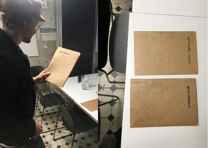 Gregor Taul looking at the membership cards of Vilen Künnapu and Toomas Rein in the Estonian Association of Architects (photo-collage). Tallinn, 2024 Photo credits: Merilin Tee